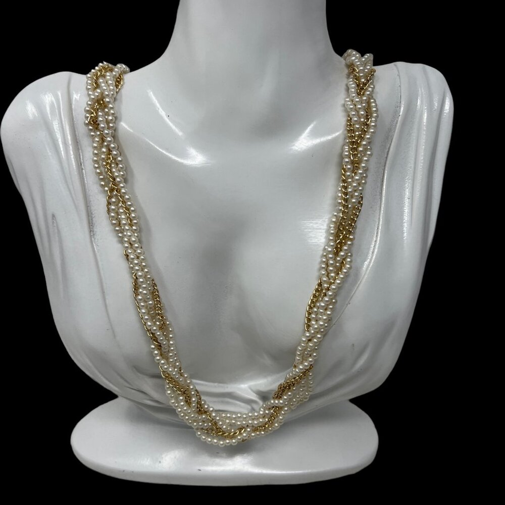 Faux Pearl Necklace Braided Mini Pearls and Gold Chain Made‎ in Hong Kong